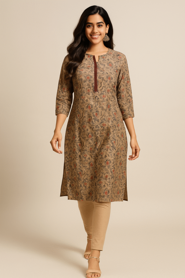 Beige Floral Printed Cotton Kurti for Women - Image 2