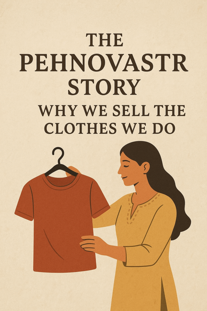 A digital illustration of a woman in a yellow kurta holding a rust-colored T-shirt on a hanger