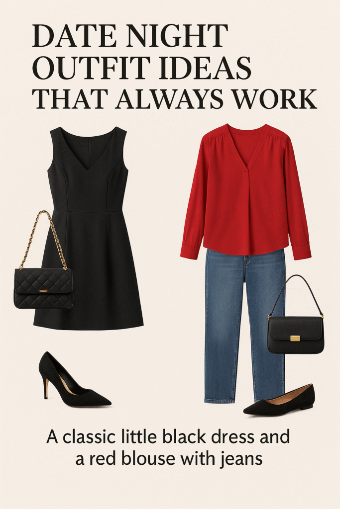 Date night outfit ideas featuring a classic little black dress with black heels and quilted handbag, alongside a red blouse paired with blue jeans, suede flats, and a black handbag