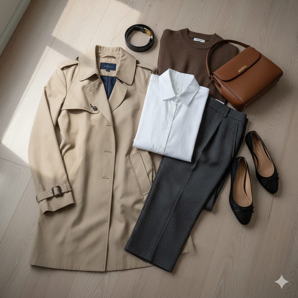 A collection of classic clothing items in neutral colors, such as a beige trench coat, a white button-down shirt, and black tailored trousers, neatly arranged.