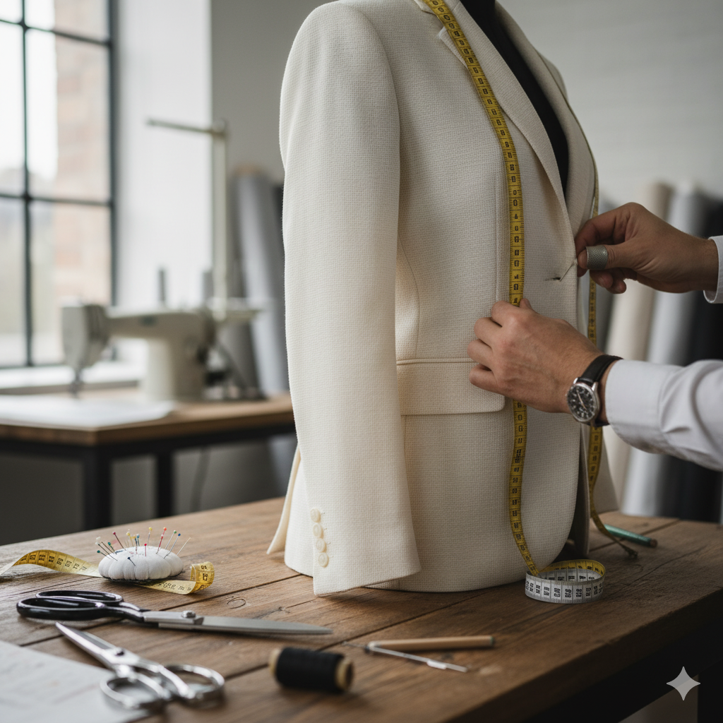 Hands are adjusting the fit of a garment, with tailoring tools like pins and a measuring tape visible, emphasizing the importance of alterations.