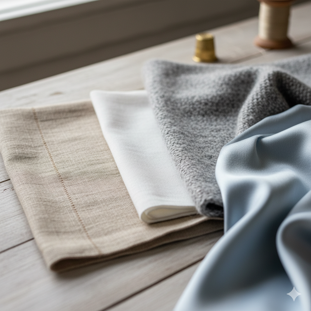 A close-up shot of various fabric swatches, including linen, cotton, and wool, showcasing their texture and quality.