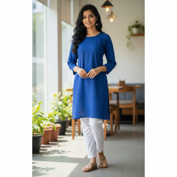 Solid Blue Cotton Casual Kurti for Women - Image 3