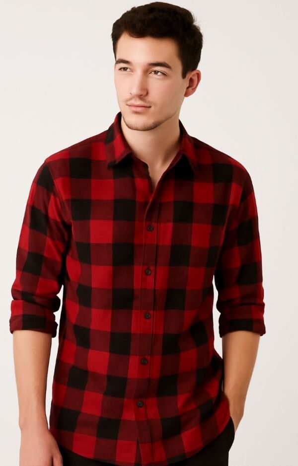 Men’s Red & Black Checkered Casual Shirt – Slim Fit Cotton Flannel - Image 4