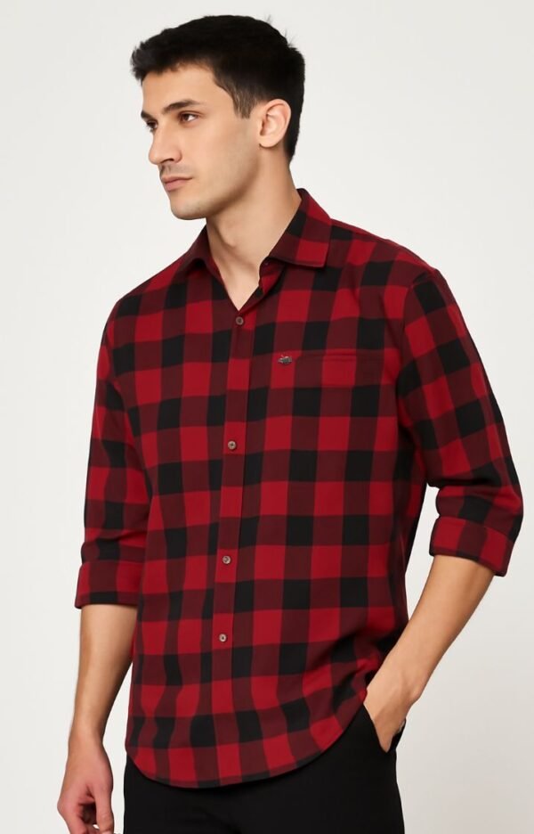Men’s Red & Black Checkered Casual Shirt – Slim Fit Cotton Flannel - Image 3