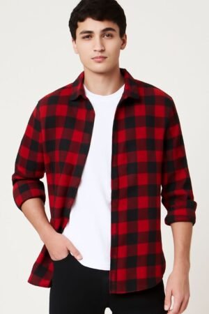 Men’s red and black checkered slim fit casual shirt front view