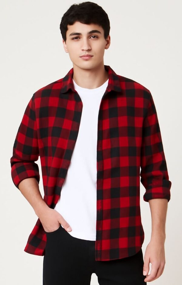 Men’s red and black checkered slim fit casual shirt front view
