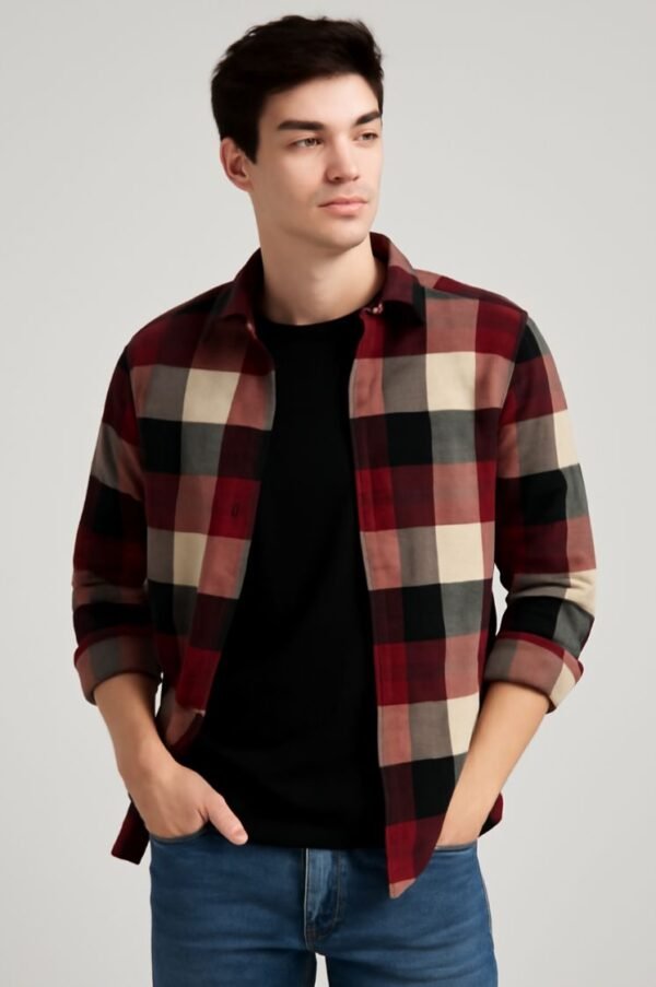 Men's Casual Check Cotton Shirt Red&Black - Image 2