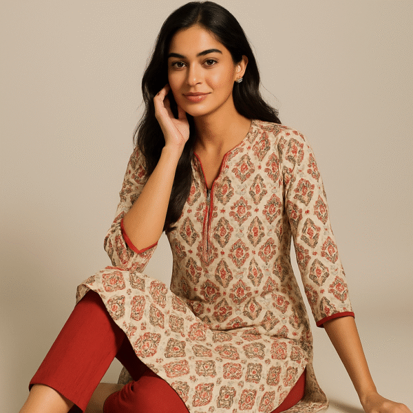 Beige Floral Printed Cotton Kurti for Women - Image 3