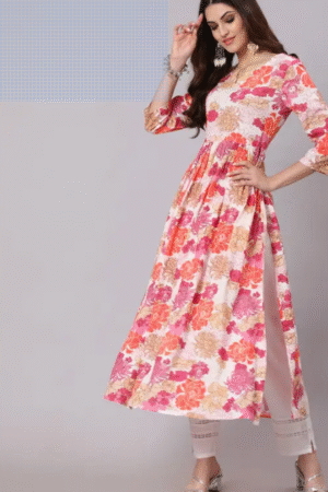 Women’s Floral Printed Long Kurti with Front Slit – Pink & Orange Cotton Blend